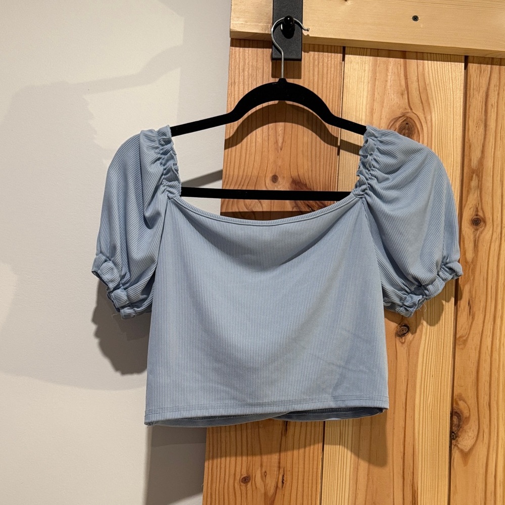 Blue Puff Sleeve Cross Back Cropped Top